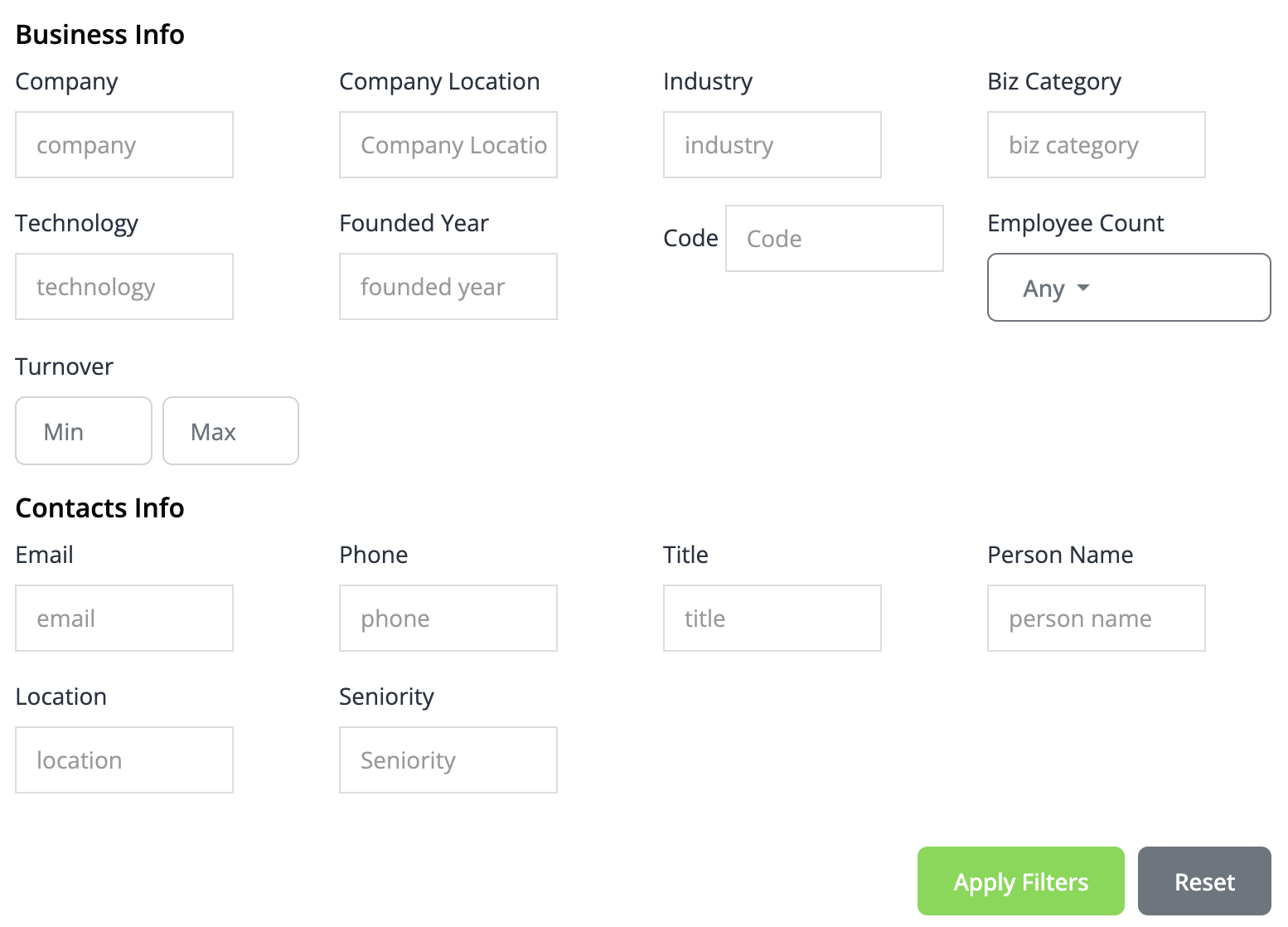 Go4Database advanced filters for company, industry, technology, turnover, title and seniority