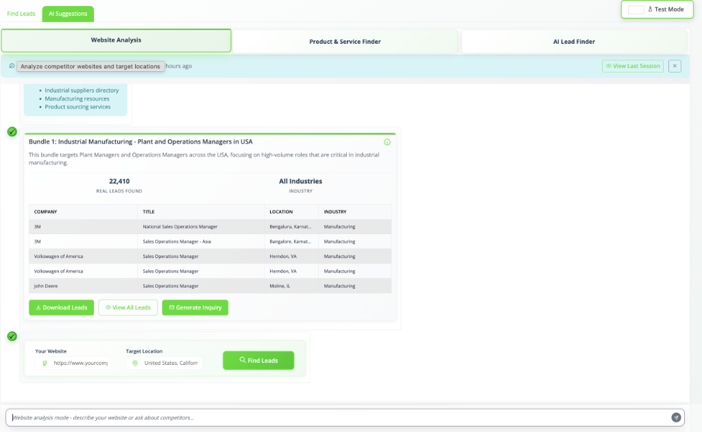 AI Suggestions & Lead Finder Platform Screenshot