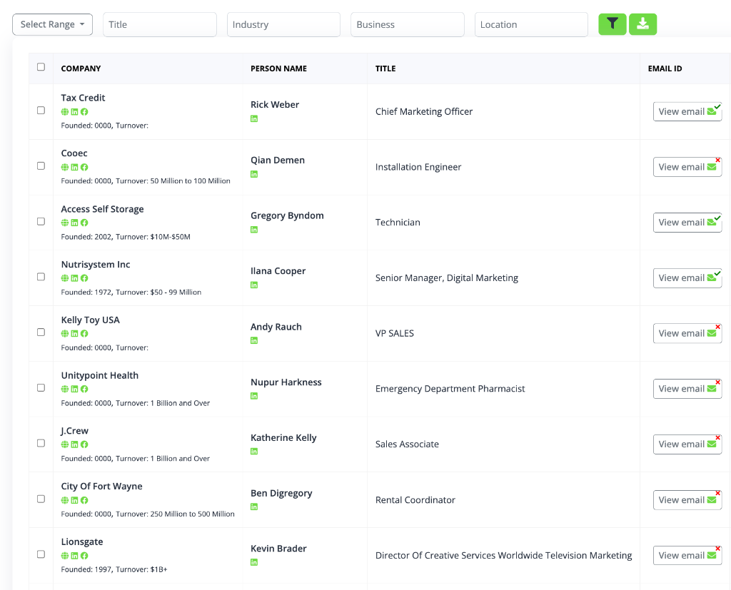 B2B Prospecting Leads Data Table Screenshot